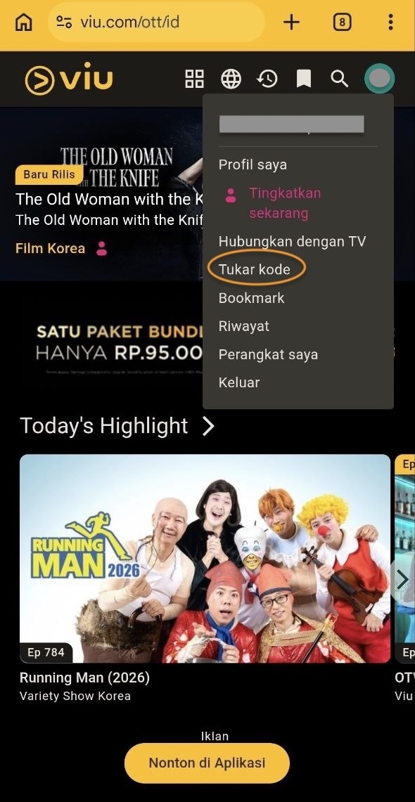 Menu Tukar Kode di Viu
